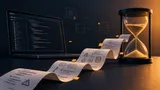 Uma ampulheta com areia caindo ao lado de um laptop com código, com um rolo de papel entre os dois mostrando diagramas técnicos marcados com alertas, contra um fundo escuro com ícones de arquitetura de sistema, simbolizando o tempo e o custo acumulando sobre decisões técnicas