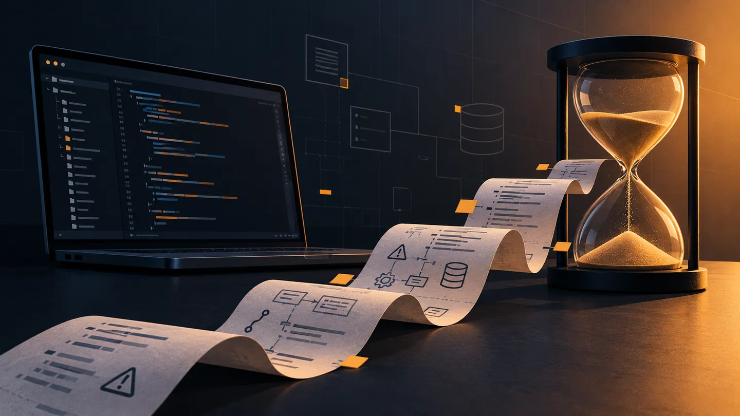 Uma ampulheta com areia caindo ao lado de um laptop com código, com um rolo de papel entre os dois mostrando diagramas técnicos marcados com alertas, contra um fundo escuro com ícones de arquitetura de sistema, simbolizando o tempo e o custo acumulando sobre decisões técnicas