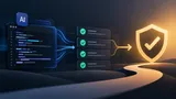 Ilustração escura mostrando código gerado por IA fluindo para uma lista de verificações em verde, convergindo num escudo brilhante com um check, simbolizando testes transformando velocidade em confiança