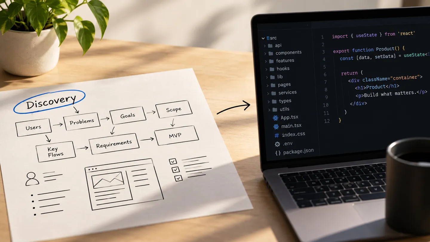 Esboço de um fluxo de discovery em papel ao lado de um notebook com o código correspondente já implementado