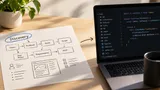 Esboço de um fluxo de discovery em papel ao lado de um notebook com o código correspondente já implementado