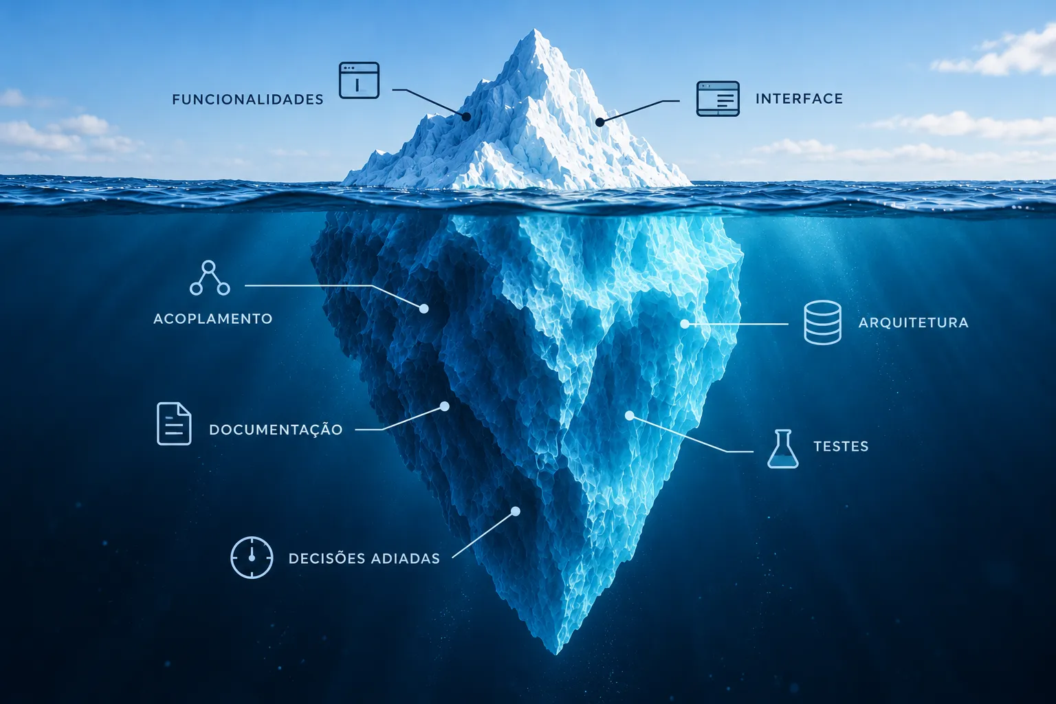 Iceberg representando a dívida técnica: acima da água, funcionalidades e interface visíveis ao usuário; submersos, acoplamento, arquitetura, documentação, testes e decisões adiadas