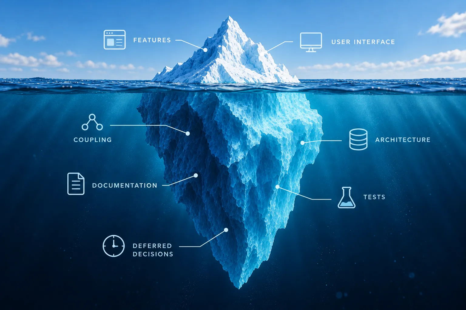 Iceberg representing technical debt: above water, features and user interface visible to the user; submerged, coupling, architecture, documentation, tests, and deferred decisions