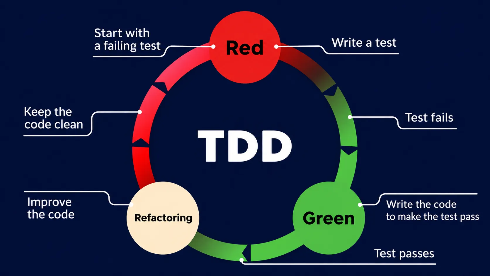 The TDD cycle: Red (write a test that fails), Green (write the code to make it pass), Refactoring (improve the code, keep tests green)